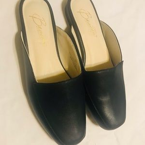 Black leather mules